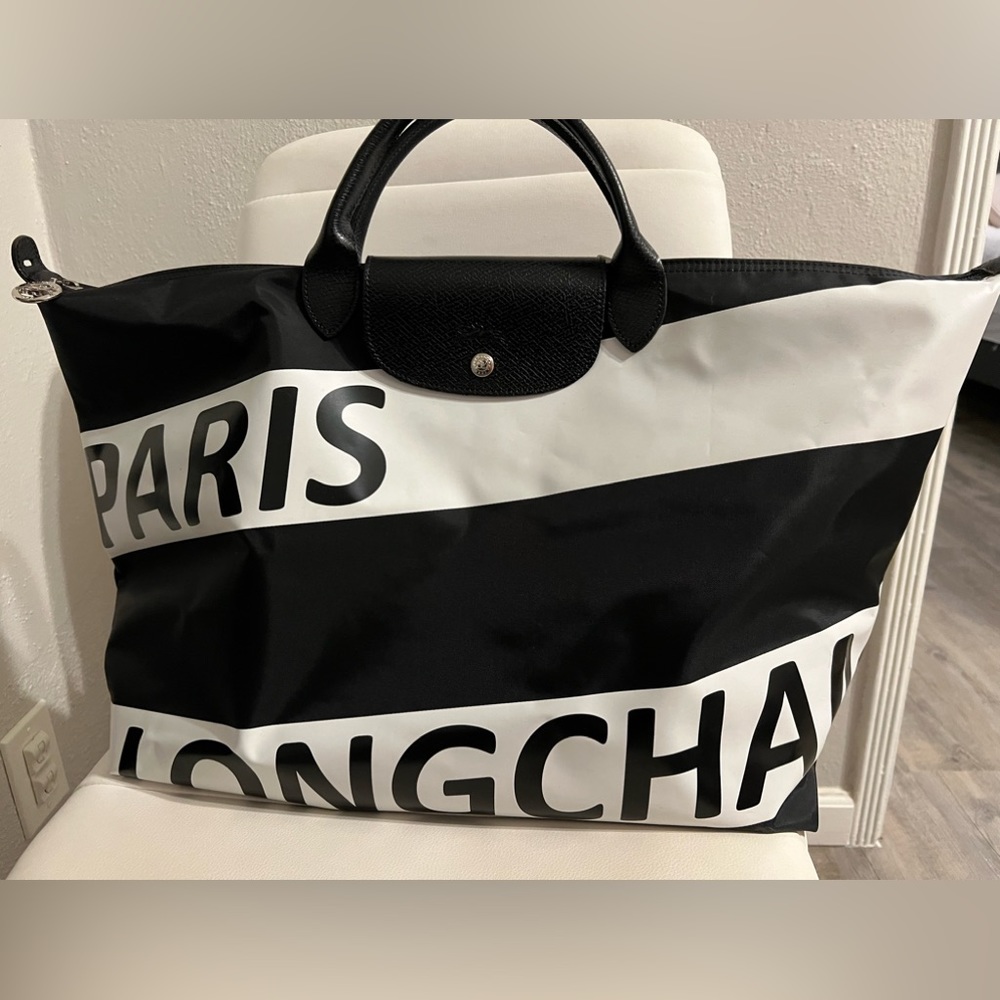 Longchamp Le Pliage Black White Paris Longchamp Rare Large